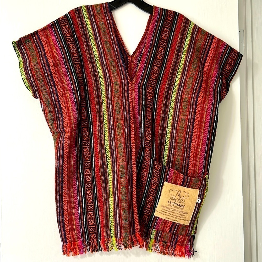 Boho Thai Colorful Poncho Top Fray Hem Adult size medium shirt